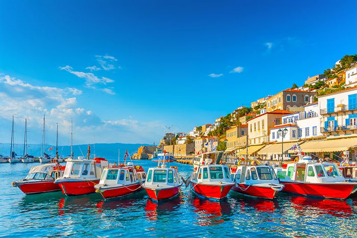 Colorful boats in a Greek harbor